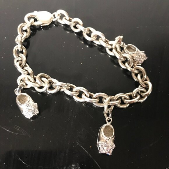 Heavy Sterling Silver 925 Heavy Cable Chain Bracelet Charm Baby Shoes Rhinestone - Picture 3 of 4